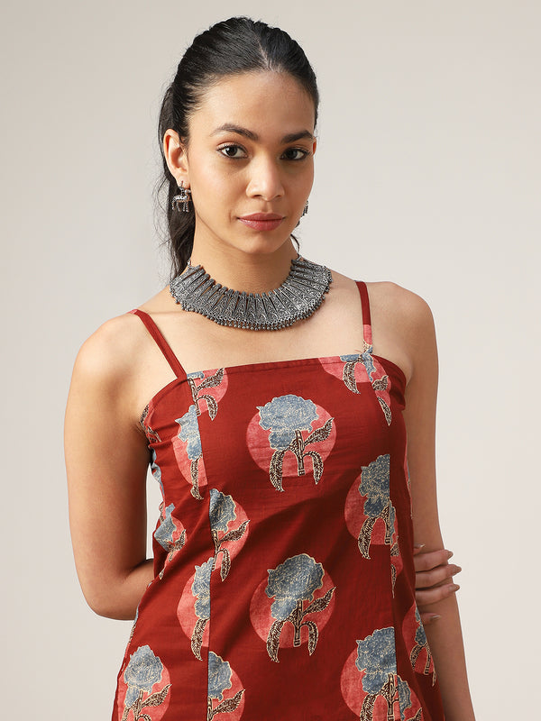 Kimayra Cotton Calf Length Printed Sleeveless Square Neck Straight Dress