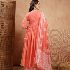Kimayra Cotton Calf Length Printed 3/4 Sleeve V-Neck Flared Kurta Suit Set