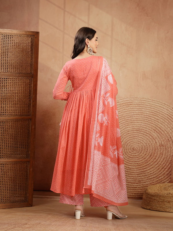 Kimayra Cotton Calf Length Printed 3/4 Sleeve V-Neck Flared Kurta Suit Set