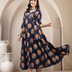 Kimayra Cotton Calf Length Printed 3/4 Sleeve V-Neck Flared Kurta