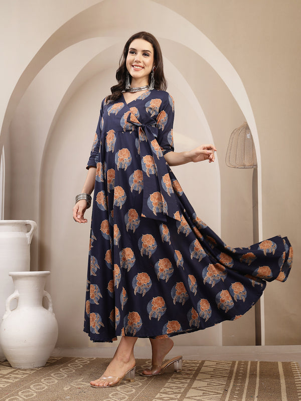 Kimayra Cotton Calf Length Printed 3/4 Sleeve V-Neck Flared Kurta