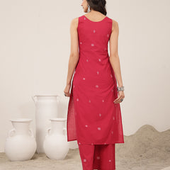 Kimayra Cotton Calf Length Solid Sleeveless Round Neck Straight Kurta Suit Set