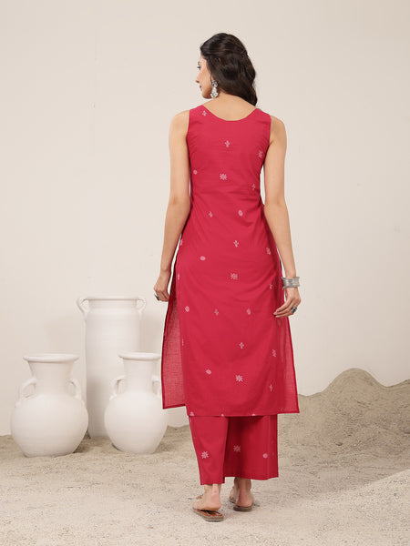Kimayra Cotton Calf Length Solid Sleeveless Round Neck Straight Kurta Suit Set
