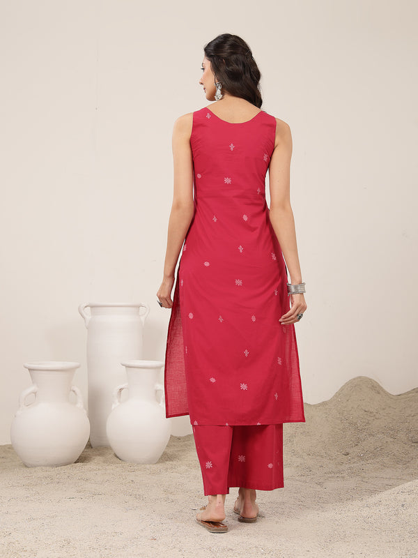 Kimayra Cotton Calf Length Solid Sleeveless Round Neck Straight Kurta Suit Set