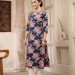 Kimayra Rayon Calf Length Printed 3/4 Sleeve Round Neck Straight Kurta