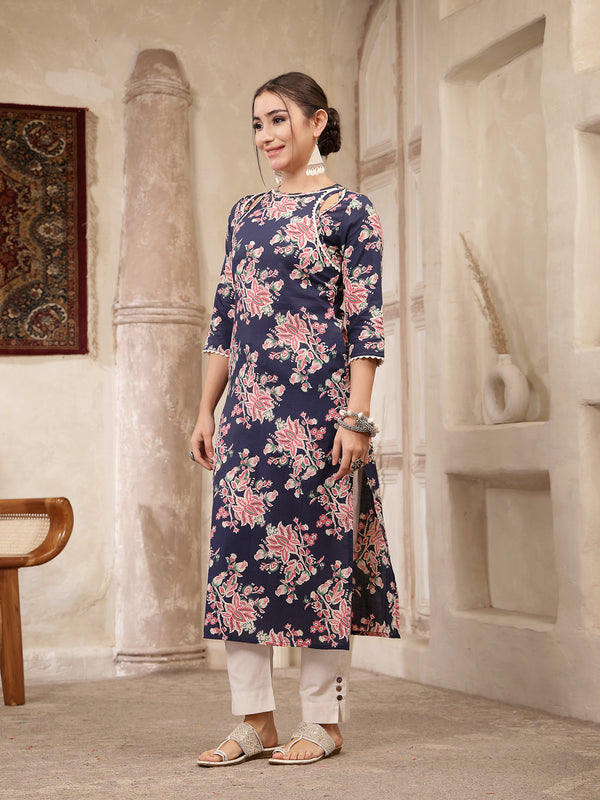 Kimayra Rayon Calf Length Printed 3/4 Sleeve Round Neck Straight Kurta