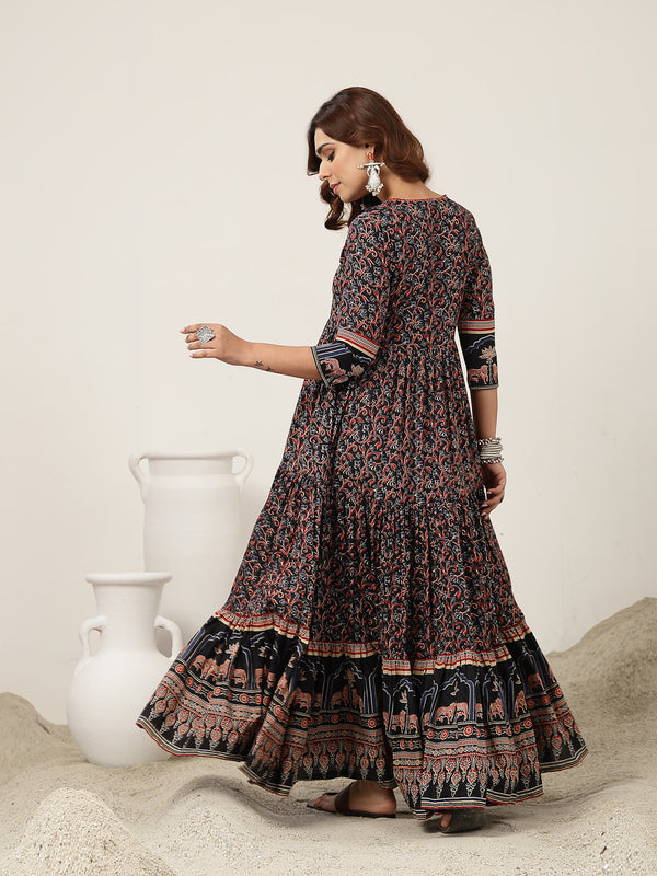 Kimayra Cotton Calf Length Printed 3/4 Sleeves V-Neck Anarkali Kurta