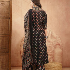 Kimayra Cotton Calf Length Printed 3/4 Sleeve V-Neck A-Line Kurta Suit Set
