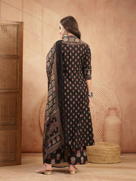 Kimayra Cotton Calf Length Printed 3/4 Sleeve V-Neck A-Line Kurta Suit Set