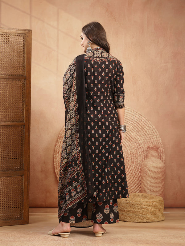 Kimayra Cotton Calf Length Printed 3/4 Sleeve V-Neck A-Line Kurta Suit Set