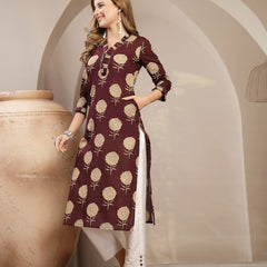Kimayra Cotton Calf Length Printed 3/4 Sleeve V-Neck Straight Kurta