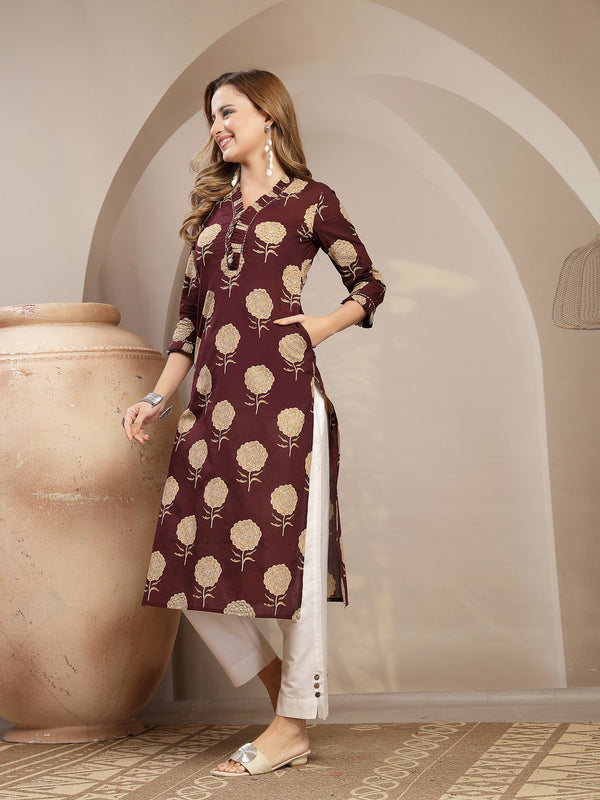 Kimayra Cotton Calf Length Printed 3/4 Sleeve V-Neck Straight Kurta