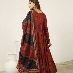 Kimayra Cotton Ankle Length Printed Full Sleeve Key Hole Neck Flared Kurta Suit Set