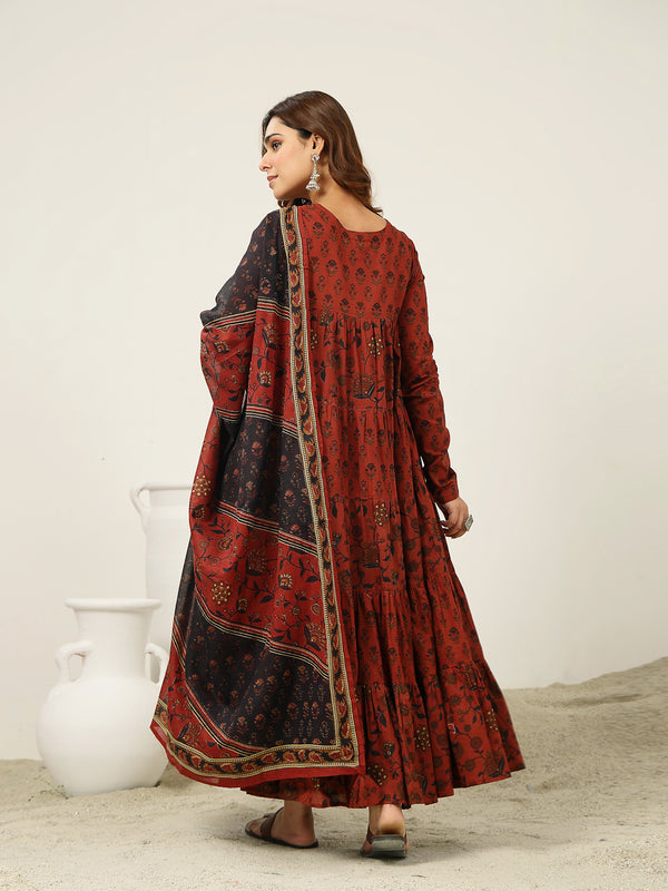 Kimayra Cotton Ankle Length Printed Full Sleeve Key Hole Neck Flared Kurta Suit Set