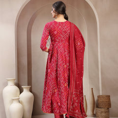 Kimayra Cotton Calf Length Printed 3/4 Sleeve Angrakha Flared Kurta Suit Set