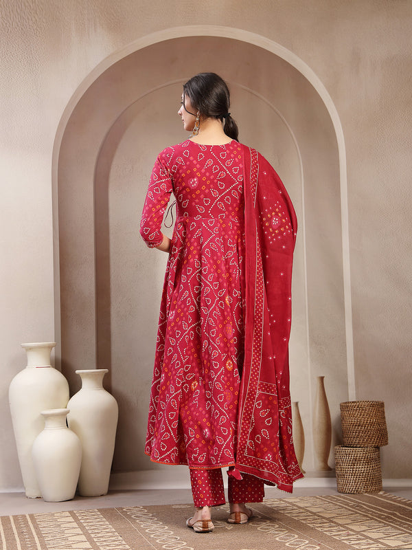 Kimayra Cotton Calf Length Printed 3/4 Sleeve Angrakha Flared Kurta Suit Set