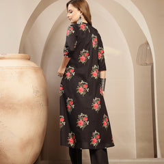 Kimayra Cotton Calf Length Printed 3/4 Sleeve Band Collar Flared Kurta Suit Set