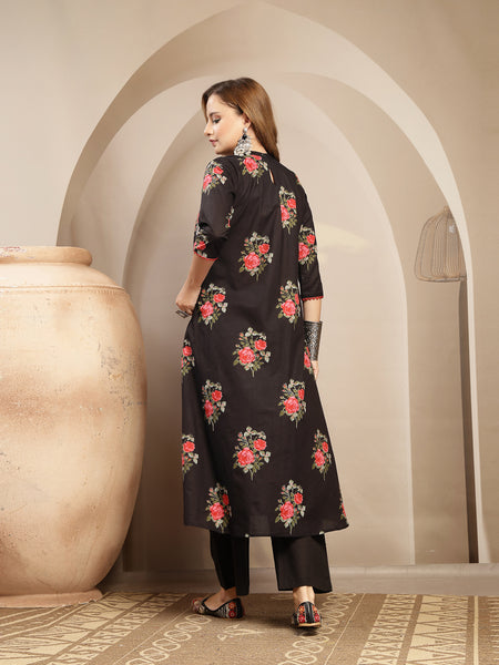 Kimayra Cotton Calf Length Printed 3/4 Sleeve Band Collar Flared Kurta Suit Set
