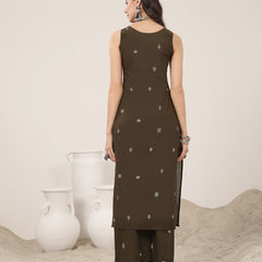 Kimayra Cotton Calf Length Solid Sleeveless Round Neck Straight Kurta Suit Set