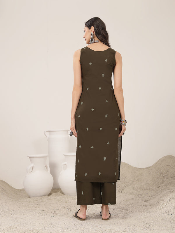 Kimayra Cotton Calf Length Solid Sleeveless Round Neck Straight Kurta Suit Set