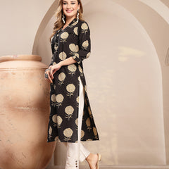 Kimayra Cotton Calf Length Printed 3/4 Sleeve V-Neck Straight Kurta
