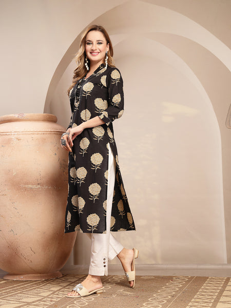 Kimayra Cotton Calf Length Printed 3/4 Sleeve V-Neck Straight Kurta