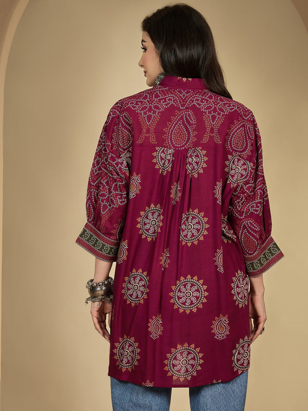Kimayra Rayon Hip Length Printed 3/4 Sleeve Shirt Collar Flared Top