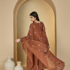Kimayra Chanderi Calf Length Solid 3/4 Sleeves V-Neck Flared Kurta Suit Set