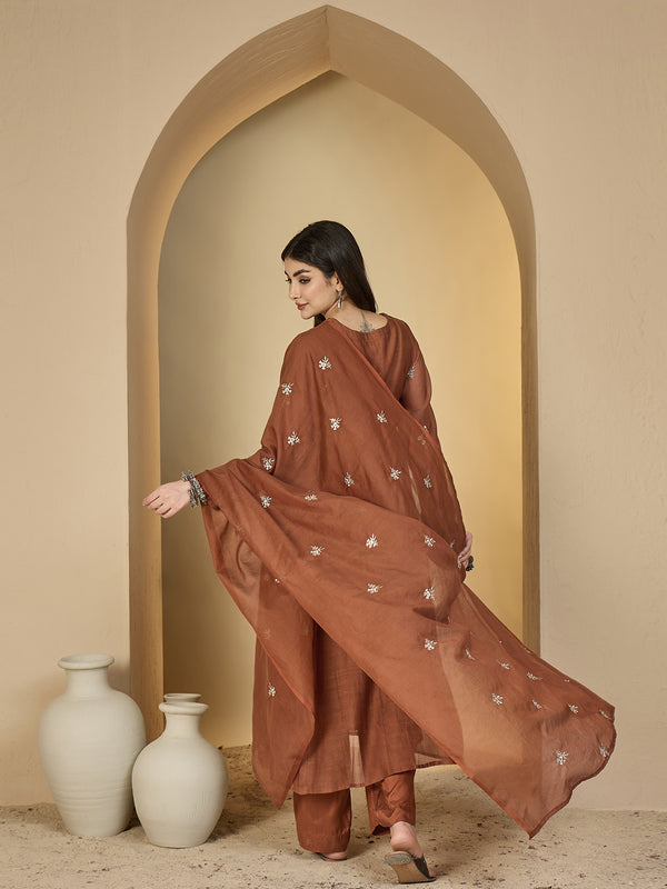 Kimayra Chanderi Calf Length Solid 3/4 Sleeves V-Neck Flared Kurta Suit Set
