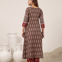 Kimayra Cotton Calf Length Printed 3/4 Sleeve V-Neck Flared Kurta Suit Set