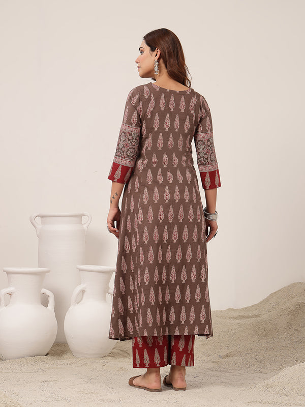 Kimayra Cotton Calf Length Printed 3/4 Sleeve V-Neck Flared Kurta Suit Set