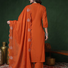 Kimayra Cotton Calf Length Solid 3/4 Sleeves Mandarin Straight Kurta Suit Set
