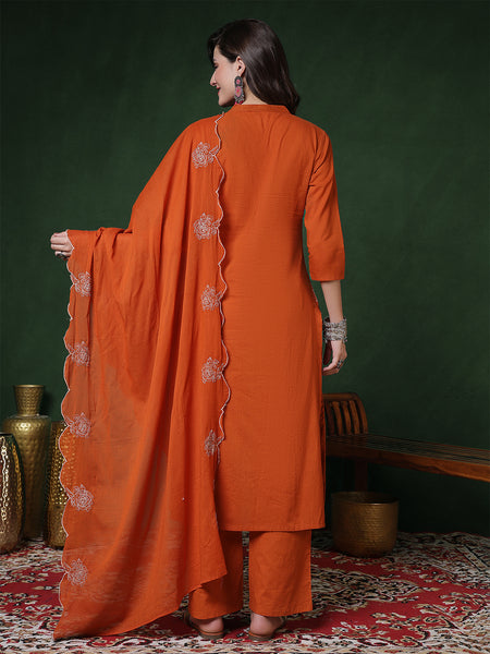 Kimayra Cotton Calf Length Solid 3/4 Sleeves Mandarin Straight Kurta Suit Set