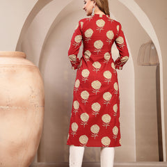 Kimayra Cotton Calf Length Printed 3/4 Sleeve V-Neck Straight Kurta