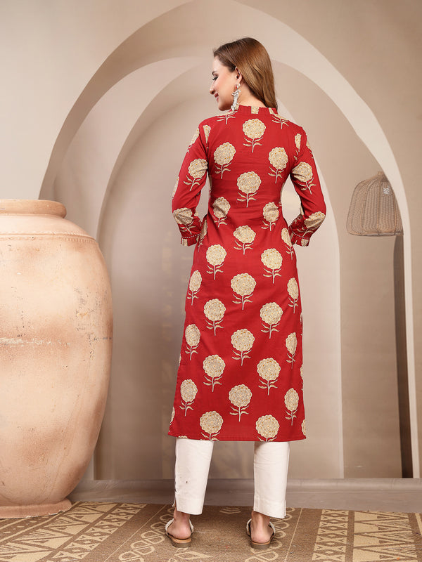 Kimayra Cotton Calf Length Printed 3/4 Sleeve V-Neck Straight Kurta