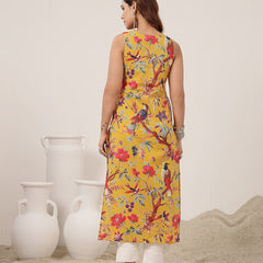 Kimayra Cotton Calf Length Printed Sleeveless V-Neck Straight Kurta