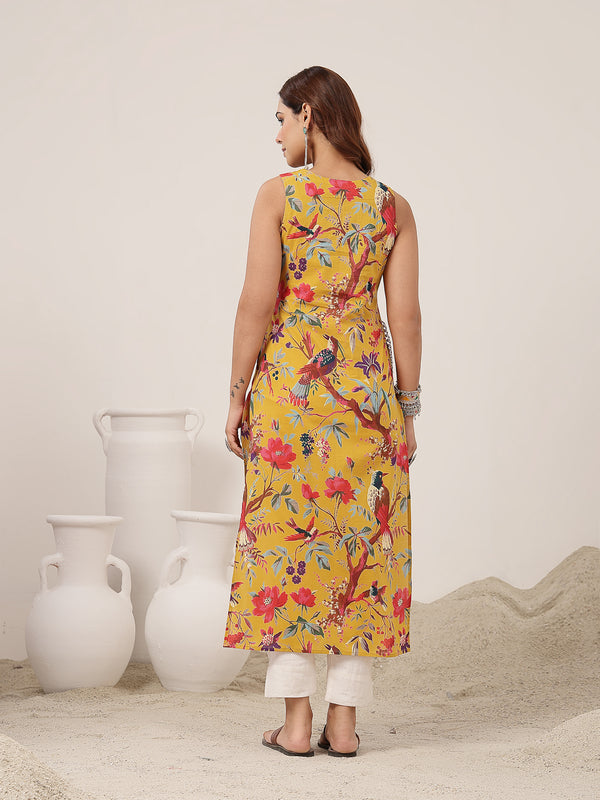 Kimayra Cotton Calf Length Printed Sleeveless V-Neck Straight Kurta