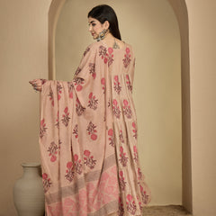 Kimayra Cotton Calf Length Printed 3/4 Sleeve Key Hole Neck Anarkali Kurta Suit Set