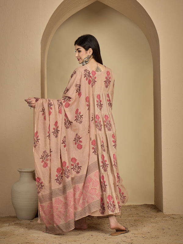 Kimayra Cotton Calf Length Printed 3/4 Sleeve Key Hole Neck Anarkali Kurta Suit Set