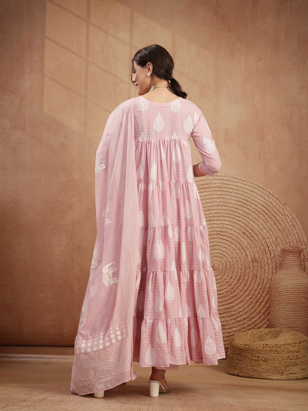 Kimayra Cotton Calf Length Printed 3/4 Sleeve Round Neck Flared Kurta Suit Set
