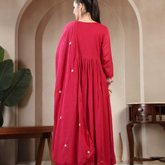 Kimayra Cotton Calf Length Solid 3/4 Sleeve Round Neck Flared Kurta Suit Set