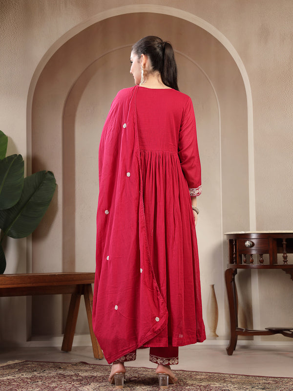 Kimayra Cotton Calf Length Solid 3/4 Sleeve Round Neck Flared Kurta Suit Set