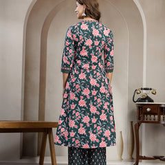 Kimayra Cotton Calf Length Printed 3/4 Sleeve V-Neck Flared Kurta Suit Set