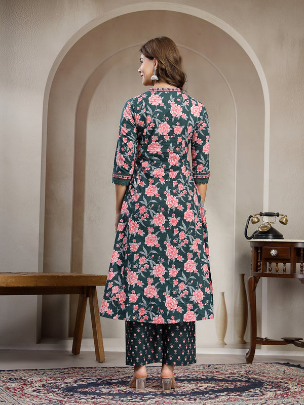 Kimayra Cotton Calf Length Printed 3/4 Sleeve V-Neck Flared Kurta Suit Set