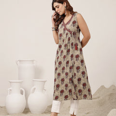 Kimayra Rayon Calf Length Printed Sleeveless V-Neck Flared Kurta
