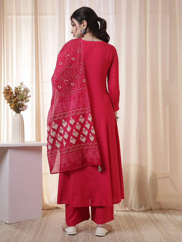 Kimayra Rayon Calf Length Solid 3/4 Sleeves Round Neck Flared Kurta Suit Set