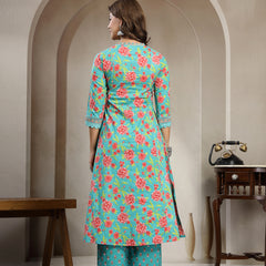 Kimayra Cotton Calf Length Printed 3/4 Sleeve V-Neck Flared Kurta Suit Set