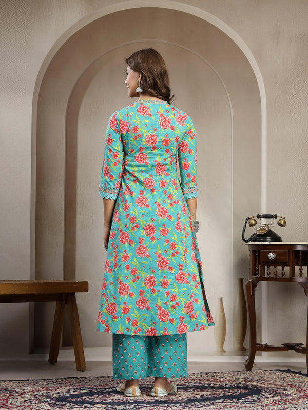 Kimayra Cotton Calf Length Printed 3/4 Sleeve V-Neck Flared Kurta Suit Set