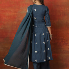 Kimayra Rayon Calf Length Printed 3/4 Sleeves Round Neck Semi-Flared Kurta Suit Set