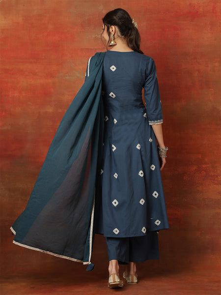 Kimayra Rayon Calf Length Printed 3/4 Sleeves Round Neck Semi-Flared Kurta Suit Set